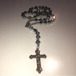 𝅺metallic Silver Crystal Rosary Beads Necklace LONG 30” + 6” Drop / 36” Total